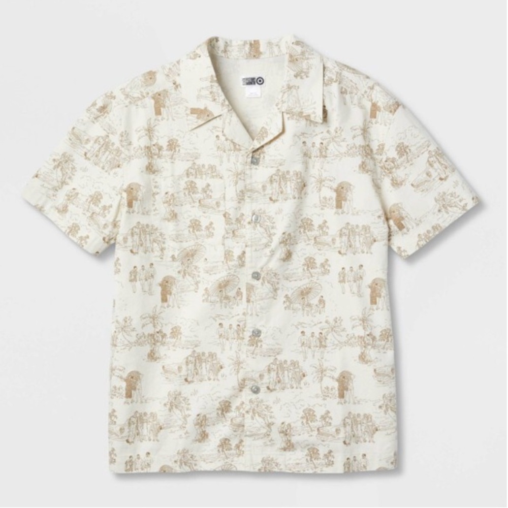 Target Men's Casual Button Down Shirt - Cream and Brown